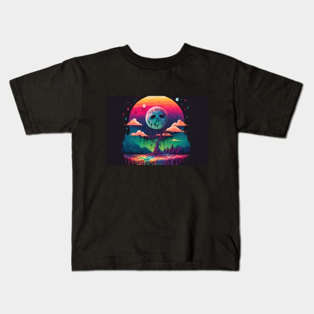 Rainy Night. Sad Full Moon. - Psychedelic Landscape - Paint Dripping 3D Illustration - Colorful Haunted Nature Scene Kids T-Shirt by JensenArtCo